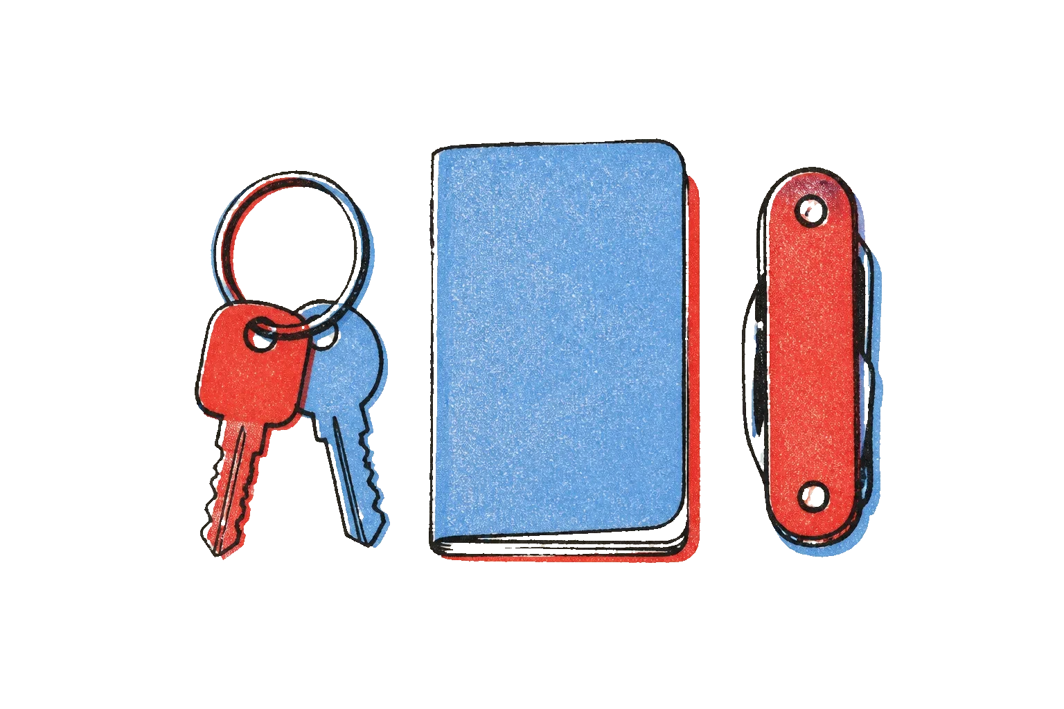 Riso print of an everyday-carry arrangement: keys, notebook, pocket tool