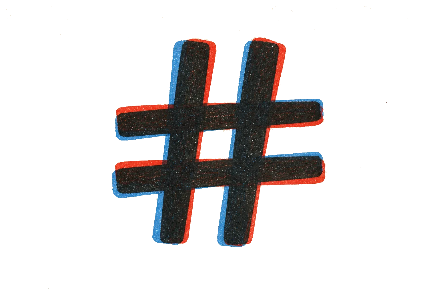 Riso print of a large hand-drawn hash symbol with red and blue misregistration