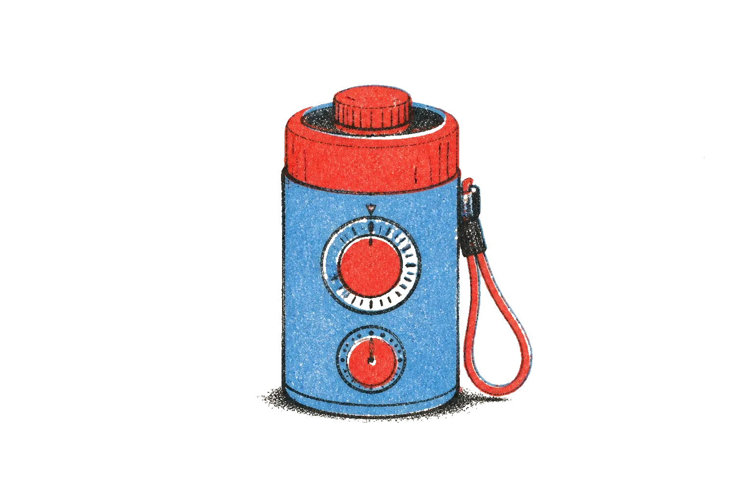 Riso print of an ambiguous handheld instrument with dials and a loop