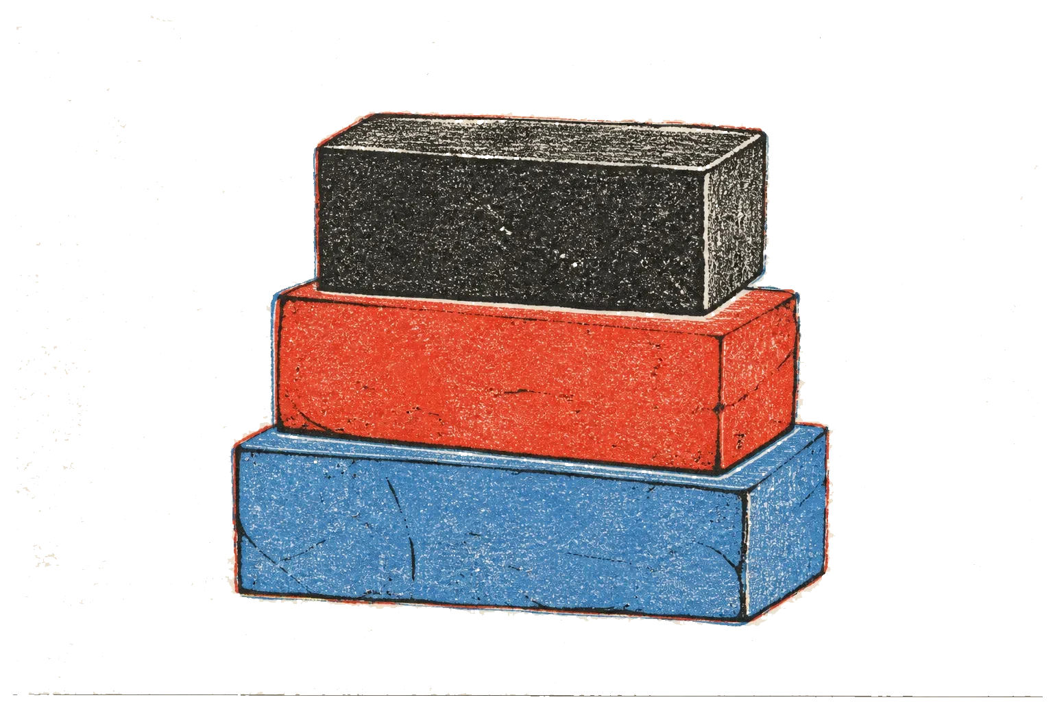Riso print of three heavy blocks stacked in a wonky tower