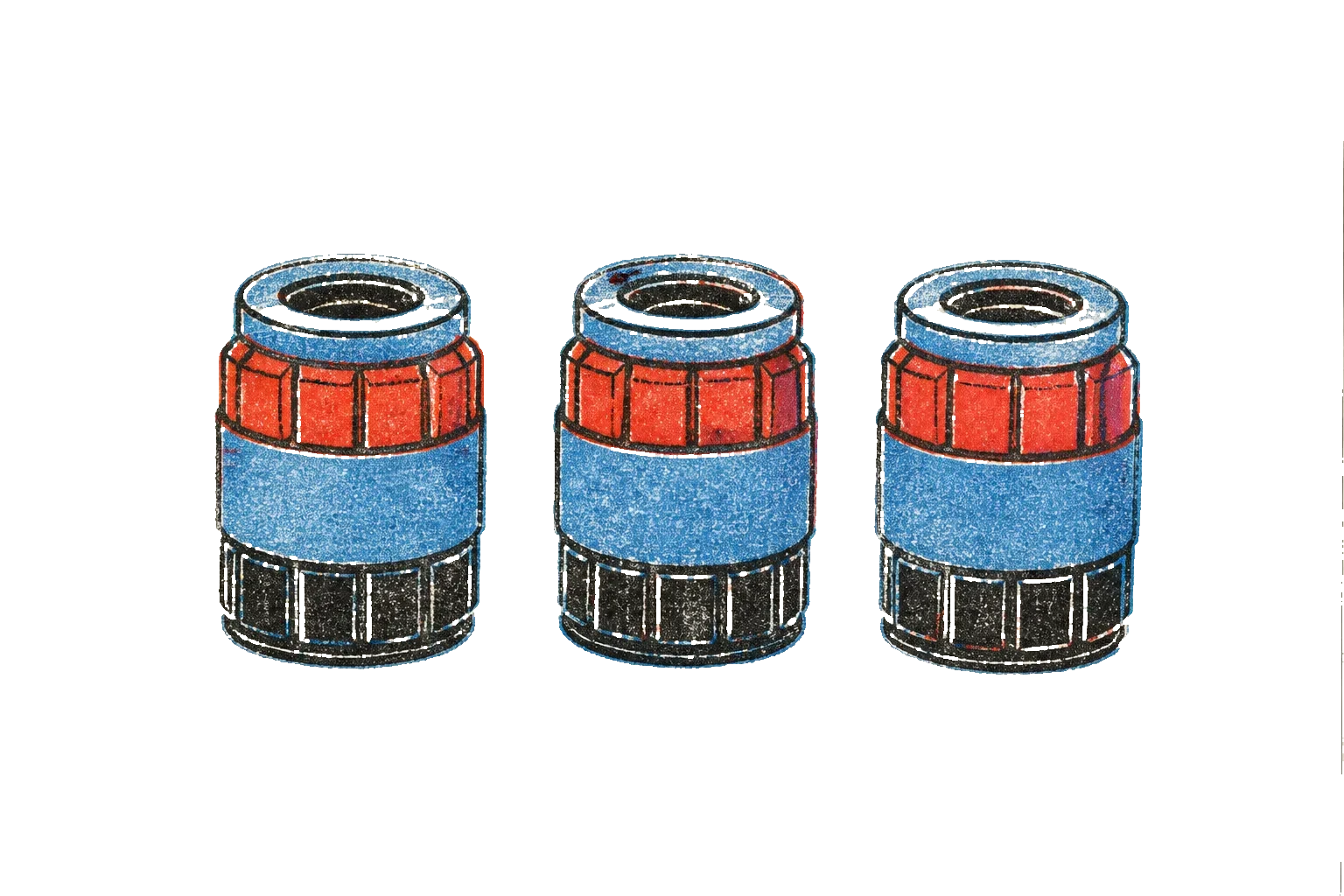 Riso print of three identical cylindrical objects in a row