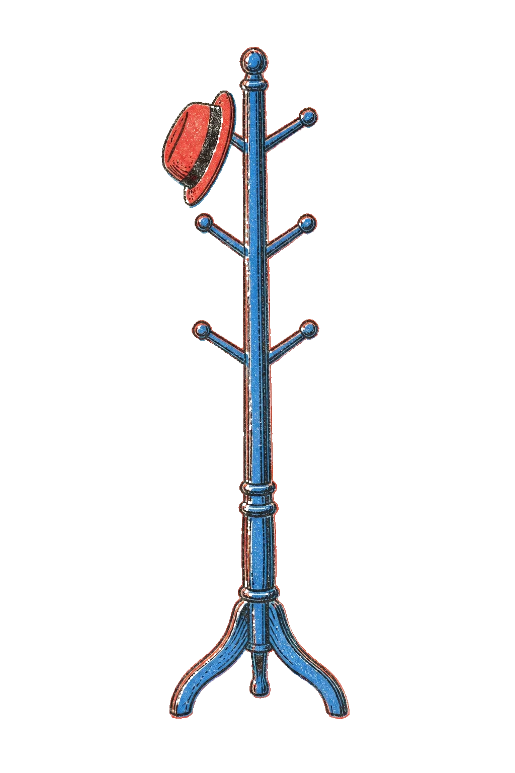 Riso print of a tall coat rack with one red hat, in retro blue, bright red, and black inks