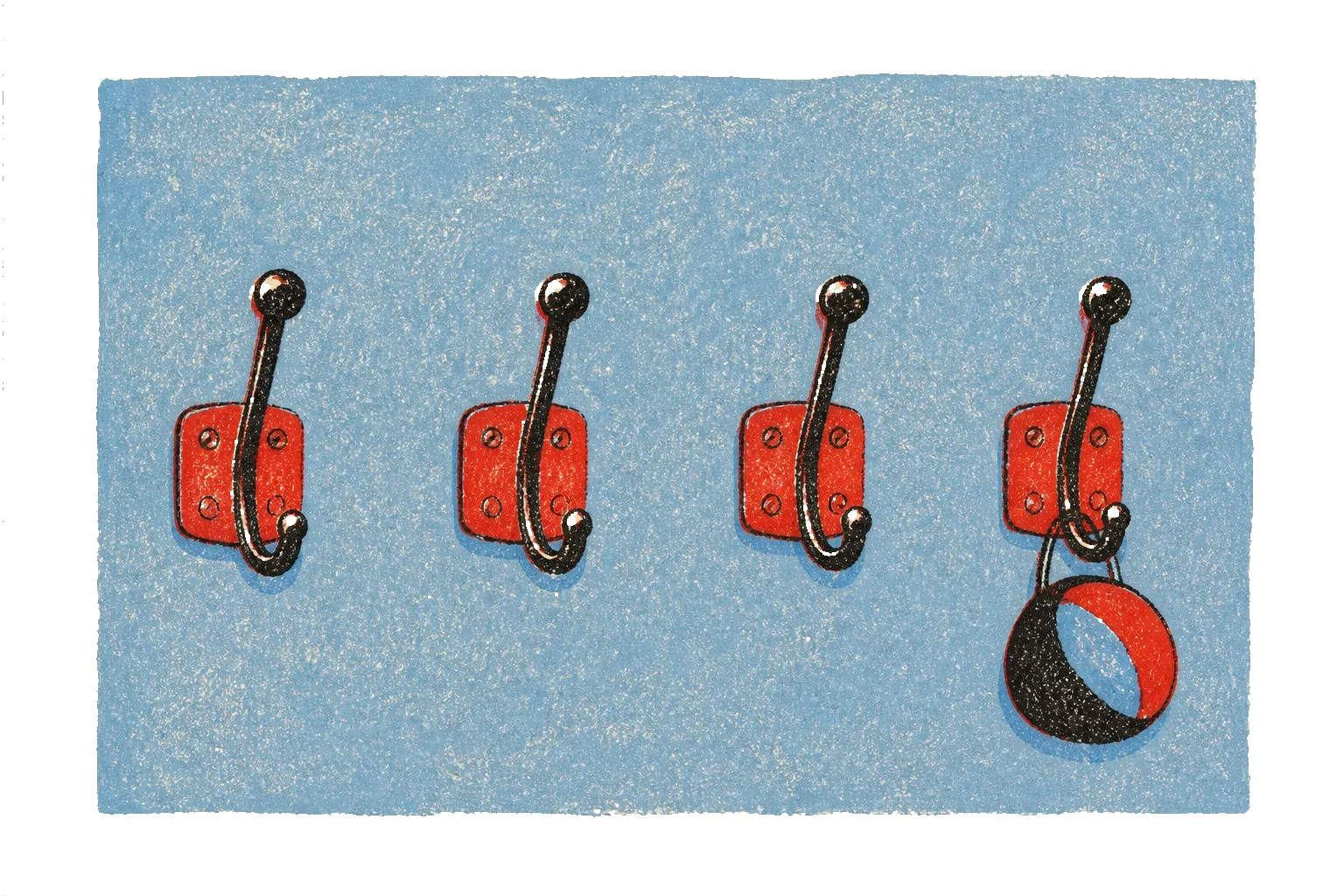 Riso print of four wall hooks, one holding a small red object