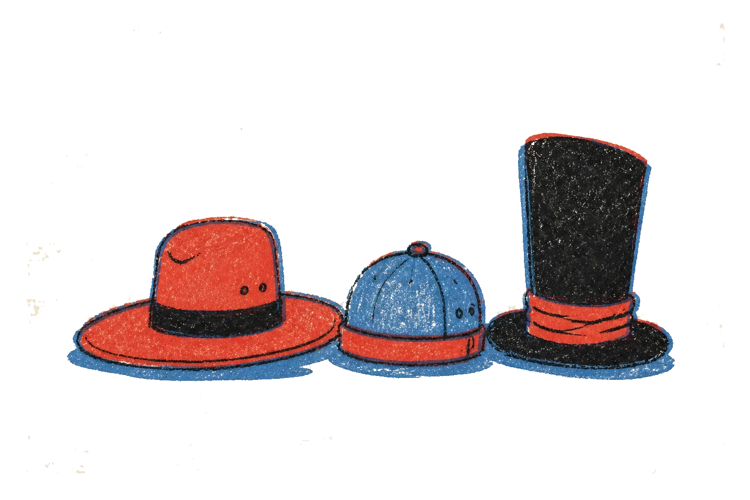 Riso print of three different hats in a loose row