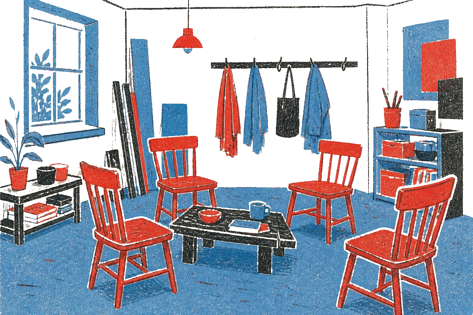 Riso print of the workshop room: chairs in a loose circle, hooks on the wall, light through one window